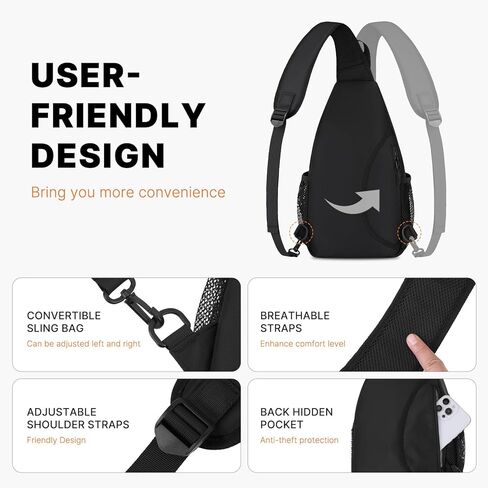 حقيبة ظهر MOSISO Crossbody للرجال والنساء، حقيبة ظهر للسفر والمشي لمسافات طويلة، حقيبة كتف صغيرة عبر الجسم مع 3 جيوب أمامية للتنقل غير الرسمي في الهواء الطلق، أسود in Saudi Arabia
