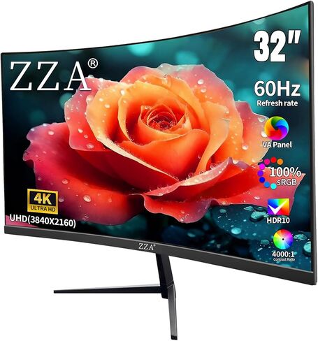 ZZA 32 Inch 4K 1500R Computer Monitor, UHD (3840 x 2160) 60Hz Ultra-Clear Screen, 100% sRGB,Eye Care Screen with HDMI, DisplayPort for Home and Office, VESA(100x100mm) in Saudi Arabia