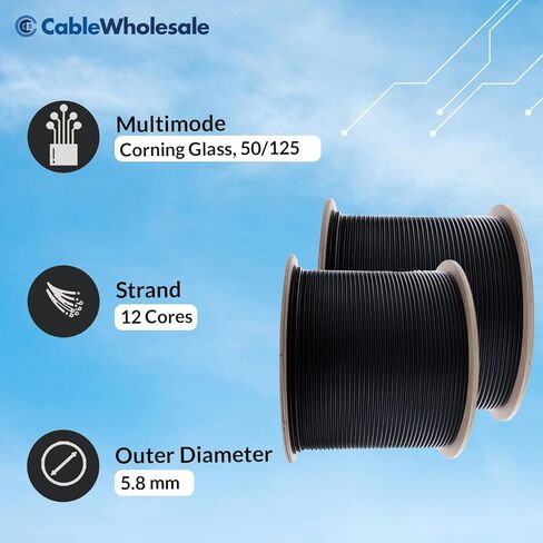 CableWholesale كابل ألياف بصرية أسود بطول 1000 قدم مكون من 12 شريطًا OM4 Multimode 50/125، Corning ClearCurve، 10 جيجابت/ثانية، داخلي/خارجي، تصنيف مرتفع، سترة PVC - شبكة محسنة in Saudi Arabia