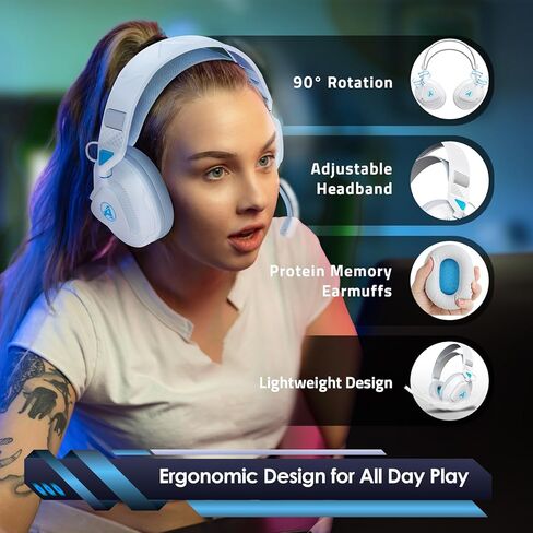 سماعة رأس لاسلكية للألعاب مع ميكروفون لأجهزة PS5، وPS4، وأجهزة الكمبيوتر الشخصية، وSwitch، وMac - سماعات رأس بلوتوث للألعاب بسرعة 2.4 جيجا هرتز، زمن استجابة منخفض جدًا 20 مللي ثانية، بطارية 50 ساعة للعب طوال اليوم، سماعة رأس للاعبين، أبيض in Saudi Arabia