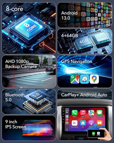 ترقية ستيريو راديو السيارة 8 Core 4+64GB لسيارة Toyota Tacoma 2005-2015، التوصيل والتشغيل 9 بوصة Android 13 وحدة الرأس مع Carplay اللاسلكي/Android Auto/1080P كاميرا احتياطية/راديو AM FM in Kuwait