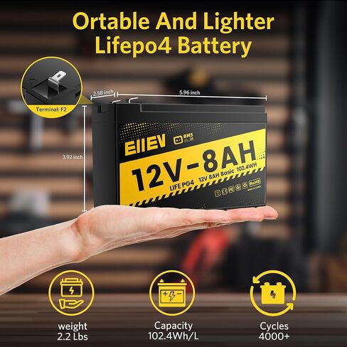 12V 8Ah Lithium Battery,4000+Cycles 12V LiFePO4 Battery Built-in BMS 5A,Deep Cycle Lithium Iron Phosphate Rechargeable Batteries for Small UPS,Power Wheels,Fish Finder,Ride-on Toy,Camping in Saudi Arabia