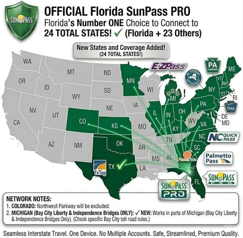 جهاز إرسال واستقبال محمول من Sunpass Sun Pass Pro - بطاقة رسوم إلكترونية مدفوعة مسبقًا لفلوريدا + 23 ولاية إضافية، متوافق مع E-ZPass، جهاز دفع تلقائي بدون توقف للسيارات والسفر والتنقل in Kuwait