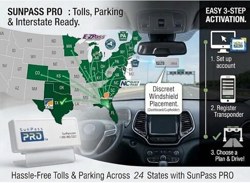 جهاز إرسال واستقبال محمول من Sunpass Sun Pass Pro - بطاقة رسوم إلكترونية مدفوعة مسبقًا لفلوريدا + 23 ولاية إضافية، متوافق مع E-ZPass، جهاز دفع تلقائي بدون توقف للسيارات والسفر والتنقل in Kuwait