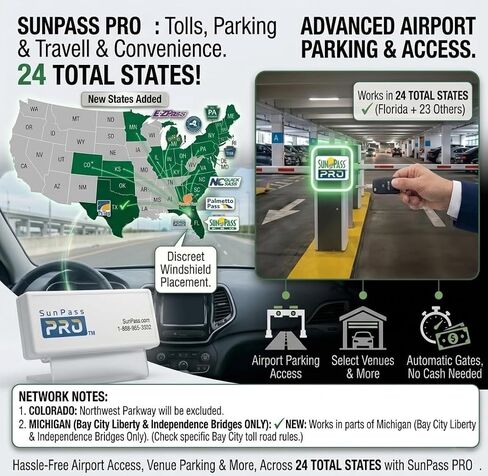 جهاز إرسال واستقبال محمول من Sunpass Sun Pass Pro - بطاقة رسوم إلكترونية مدفوعة مسبقًا لفلوريدا + 23 ولاية إضافية، متوافق مع E-ZPass، جهاز دفع تلقائي بدون توقف للسيارات والسفر والتنقل in Kuwait
