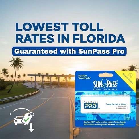 جهاز إرسال واستقبال محمول من Sunpass Sun Pass Pro - بطاقة رسوم إلكترونية مدفوعة مسبقًا لفلوريدا + 23 ولاية إضافية، متوافق مع E-ZPass، جهاز دفع تلقائي بدون توقف للسيارات والسفر والتنقل in Kuwait