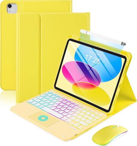 حافظة لوحة المفاتيح MePadKey Touchpad لجهاز iPad A16 الجيل الحادي عشر/العاشر/Air 11 بوصة M4 M3 M2/Air 5th 4th 10.9 بوصة، غطاء لوحة مفاتيح شحن بإضاءة خلفية قوس قزح من النوع C مع قلم وماوس، أصفر in Kuwait