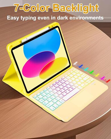 حافظة لوحة المفاتيح MePadKey Touchpad لجهاز iPad A16 الجيل الحادي عشر/العاشر/Air 11 بوصة M4 M3 M2/Air 5th 4th 10.9 بوصة، غطاء لوحة مفاتيح شحن بإضاءة خلفية قوس قزح من النوع C مع قلم وماوس، أصفر in Kuwait
