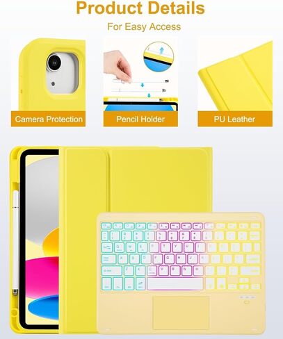حافظة لوحة المفاتيح MePadKey Touchpad لجهاز iPad A16 الجيل الحادي عشر/العاشر/Air 11 بوصة M4 M3 M2/Air 5th 4th 10.9 بوصة، غطاء لوحة مفاتيح شحن بإضاءة خلفية قوس قزح من النوع C مع قلم وماوس، أصفر in Kuwait