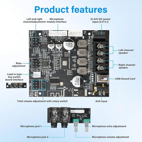 Zk-502T لوحة مكبر صوت بلوتوث، لوحة أمبير 50 ​​وات 2.0 قناة مع تحكم ثلاثي وباس، لوحة مكبر صوت بلوتوث 5.0 تيار مستمر 12-24 فولت وحدة أمبير ستيريو لمكبرات الصوت DIY in Kuwait