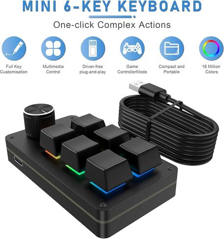 لوحة مفاتيح ميكانيكية قابلة للبرمجة مع RGB، 6 مفاتيح + 1 لوحة مفاتيح ماكرو صغيرة بمقبض واحد، لوحة مفاتيح مختصرة بيد واحدة للألعاب والمكتب والوسائط المتعددة، تدعم برمجة Windows - MK62 in Saudi Arabia