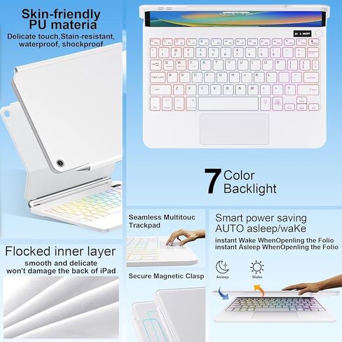 حافظة GGQFGTOJ لجهاز iPad الجيل التاسع مع لوحة مفاتيح، حافظة لوحة مفاتيح لجهاز iPad 9th/8th/7th Gen، حافظة لوحة مفاتيح مغناطيسية على الطراز السحري مع إضاءة خلفية 7 ألوان - لوحة تتبع متعددة اللمس لجهاز iPad 10.2 بوصة (أبيض) in Kuwait