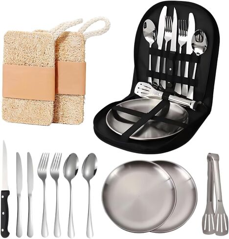 Camping Cutlery Set, 12-Piece Stainless Steel with Plates and Case, Portable Outdoor Dining Kit, Silver in Saudi Arabia