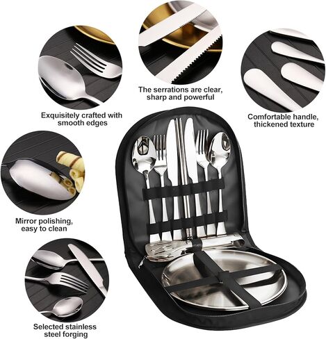 Camping Cutlery Set, 12-Piece Stainless Steel with Plates and Case, Portable Outdoor Dining Kit, Silver in Saudi Arabia