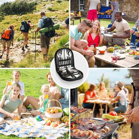 Camping Cutlery Set, 12-Piece Stainless Steel with Plates and Case, Portable Outdoor Dining Kit, Silver in Saudi Arabia