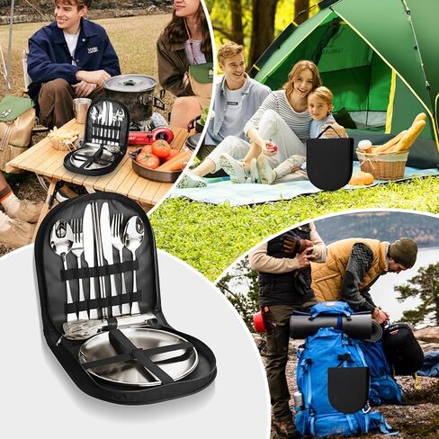 Camping Cutlery Set, 12-Piece Stainless Steel with Plates and Case, Portable Outdoor Dining Kit, Silver in Saudi Arabia
