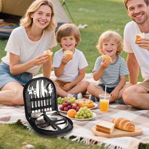 Camping Cutlery Set, 12-Piece Stainless Steel with Plates and Case, Portable Outdoor Dining Kit, Silver in Saudi Arabia