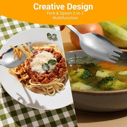 5 Pack Stainless Steel Metal Spork, 7.52 Inch Long Handle Salad Forks Dessert Spoons Ice Cream Spoons Reusable Flatware Set Forks for Household Camping Hiking, Dishwasher Safe in Saudi Arabia