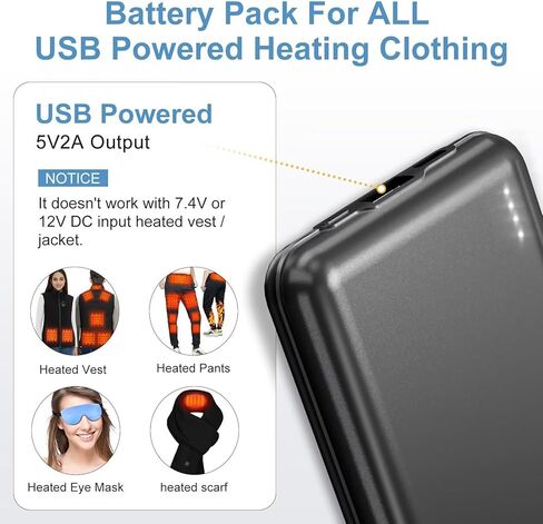حزمة بطارية KOVNLO لسترة ساخنة، بنك طاقة USB 5 فولت 2 أمبير 10000 مللي أمبير في الساعة مع كابل شحن USB-C، شاحن محمول رفيع للغاية لسترة ساخنة، iPhone، Android in Kuwait