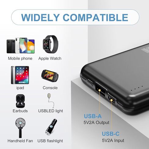 حزمة بطارية KOVNLO لسترة ساخنة، بنك طاقة USB 5 فولت 2 أمبير 10000 مللي أمبير في الساعة مع كابل شحن USB-C، شاحن محمول رفيع للغاية لسترة ساخنة، iPhone، Android in Kuwait