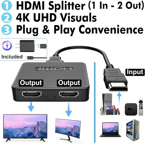 رجال الإنترنت! مقسم HDMI 1 في 2 مخرج، 4K HDMI Hub 2.0، ناسخ فيديو مع كابل طاقة USB بطول 2.5 قدم ومحول DB9 مغير الجنس 3 عبوات - مجموعة المحولات التسلسلية تتضمن DB9 أنثى إلى أنثى in Saudi Arabia