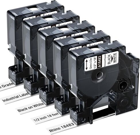 5X ملصقات بوليستر دائمة صناعية من وحيد القرن 1/2 بوصة بيضاء 18483 بديلة لشريط الملصقات Dymo Rhino 4200 12 مم × 5.5 متر متوافق مع صانع الملصقات Dymo الذي يعيد تعبئة RhinoPRO 5200 4200 6000 5000 3000 1000 in Kuwait