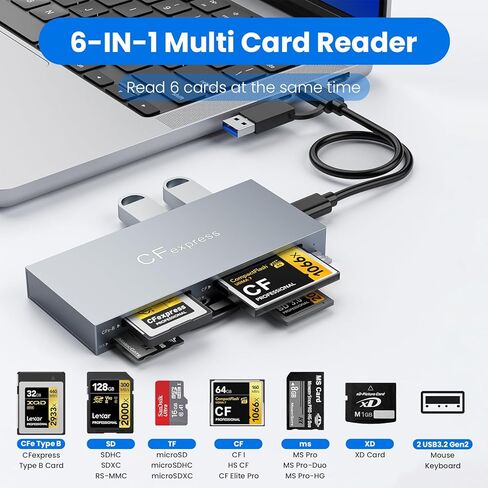 قارئ بطاقات CFexpress من النوع B 6 في 1 USB C 3.2 Gen 2 بسرعة 10 جيجابت في الثانية — قارئ بطاقات ذاكرة عالي السرعة للكاميرات الاحترافية — يدعم CFE-B وCF وSD وMicroSD وMS وXD in Saudi Arabia