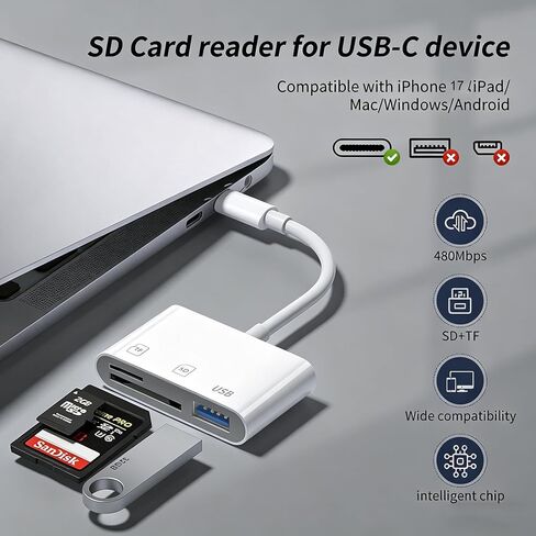 قارئ بطاقة SD USB C لهاتف iPhone 17e 17 16 15 Pro Max Air، محول بطاقة ذاكرة Micro SD TF SS لأجهزة Apple iPad/MacBook، محول نقل عارض الكاميرا الرقمية Lector de Tarjetas para Phone Adaptador in Saudi Arabia