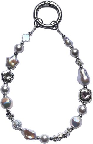 Baroque Style Pearl and Crystal Beaded Phone Wrist Strap, CellPhone Chain Lanyard Bracelet wristlet, Camera and Keychain Lanyard with Heart Charm, Star Accents in Saudi Arabia