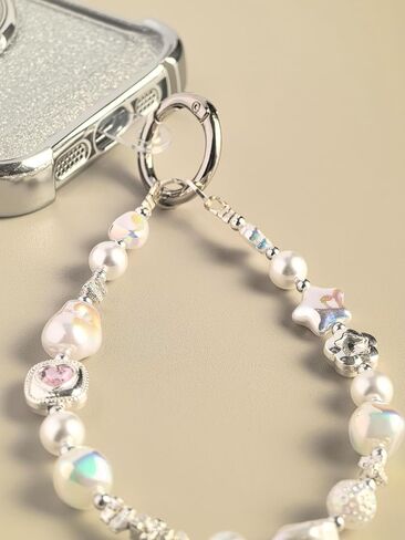 Baroque Style Pearl and Crystal Beaded Phone Wrist Strap, CellPhone Chain Lanyard Bracelet wristlet, Camera and Keychain Lanyard with Heart Charm, Star Accents in Saudi Arabia