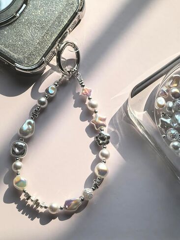 Baroque Style Pearl and Crystal Beaded Phone Wrist Strap, CellPhone Chain Lanyard Bracelet wristlet, Camera and Keychain Lanyard with Heart Charm, Star Accents in Saudi Arabia