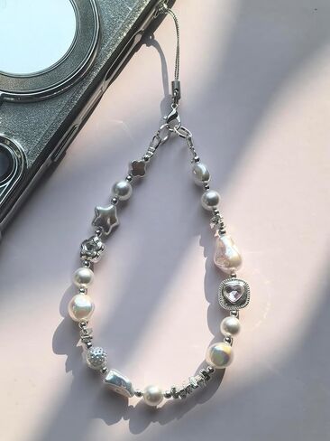 Baroque Style Pearl and Crystal Beaded Phone Wrist Strap, CellPhone Chain Lanyard Bracelet wristlet, Camera and Keychain Lanyard with Heart Charm, Star Accents in Saudi Arabia