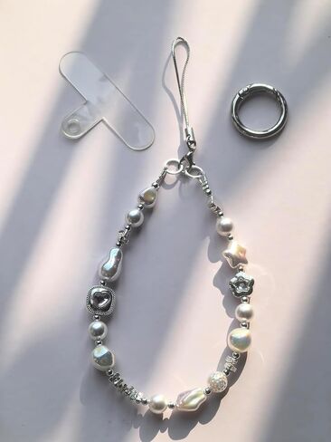 Baroque Style Pearl and Crystal Beaded Phone Wrist Strap, CellPhone Chain Lanyard Bracelet wristlet, Camera and Keychain Lanyard with Heart Charm, Star Accents in Saudi Arabia