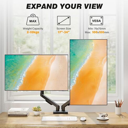 5Rcom Dual Monitor Stand for 17-34 inch Computer Screens, Full Motion Monitor Dual Monitor Arms, Dual Monitor Arms Hold up to 22lbs, Gas Spring Monitor Stand, 75/100mm VESA Mount in Kuwait