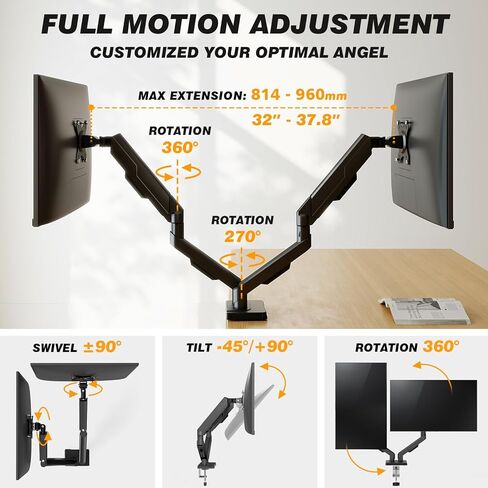 5Rcom Dual Monitor Stand for 17-34 inch Computer Screens, Full Motion Monitor Dual Monitor Arms, Dual Monitor Arms Hold up to 22lbs, Gas Spring Monitor Stand, 75/100mm VESA Mount in Kuwait