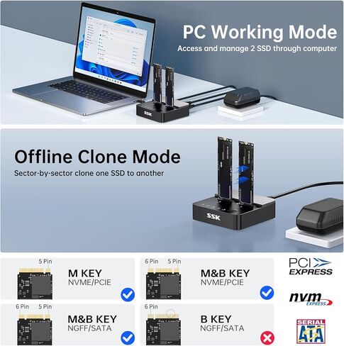 SSK NVMe & SATA SSD Cloner, M.2 Duplicator Dual Bay Dock SSD to USB Adapter, 20Gbps USB3.2 Gen 2X2 M.2 Docking Station for M Key/ B+M Key PCIE3.0/4.0/5.0SSD Reader Supports Offline Clone in Saudi Arabia