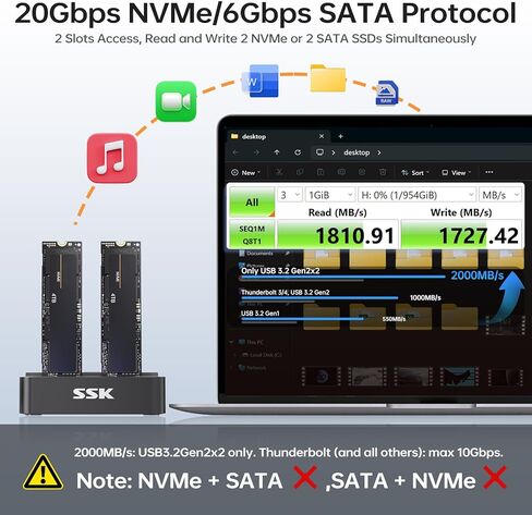 SSK NVMe & SATA SSD Cloner, M.2 Duplicator Dual Bay Dock SSD to USB Adapter, 20Gbps USB3.2 Gen 2X2 M.2 Docking Station for M Key/ B+M Key PCIE3.0/4.0/5.0SSD Reader Supports Offline Clone in Saudi Arabia