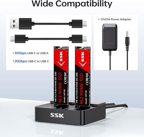 SSK NVMe & SATA SSD Cloner, M.2 Duplicator Dual Bay Dock SSD to USB Adapter, 20Gbps USB3.2 Gen 2X2 M.2 Docking Station for M Key/ B+M Key PCIE3.0/4.0/5.0SSD Reader Supports Offline Clone in Saudi Arabia