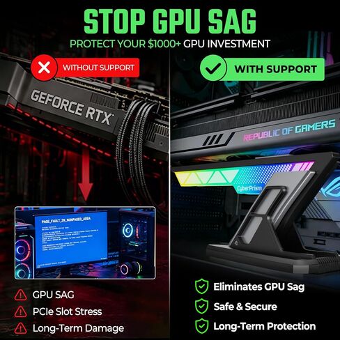 ARGB GPU Sag Bracket، حامل بطاقة رسومات مضاد للترهل لسلسلة RTX 4090/50، دعم GPU من الألومنيوم قابل للتعديل لوحدات معالجة الرسومات ثلاثية الفتحات، قاعدة مغناطيسية، 5V 3-Pin RGB Sync (أسود سبج) in Kuwait