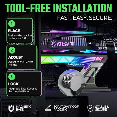 ARGB GPU Sag Bracket، حامل بطاقة رسومات مضاد للترهل لسلسلة RTX 4090/50، دعم GPU من الألومنيوم قابل للتعديل لوحدات معالجة الرسومات ثلاثية الفتحات، قاعدة مغناطيسية، 5V 3-Pin RGB Sync (أسود سبج) in Kuwait