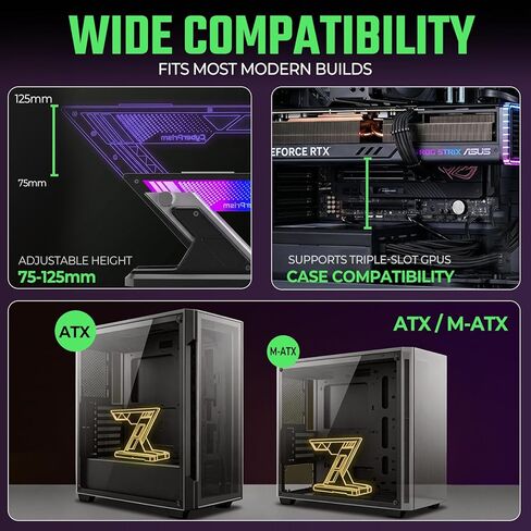 ARGB GPU Sag Bracket، حامل بطاقة رسومات مضاد للترهل لسلسلة RTX 4090/50، دعم GPU من الألومنيوم قابل للتعديل لوحدات معالجة الرسومات ثلاثية الفتحات، قاعدة مغناطيسية، 5V 3-Pin RGB Sync (أسود سبج) in Kuwait