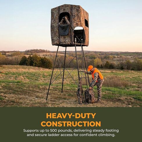 MUDDY Roost Quad Pod 10' Steel Hunting Stand with 57" x 57" Platform, Ladder Access, 2 Flex-Tek Seats, and Camo Blind, 500 Lb Weight Rating in Saudi Arabia