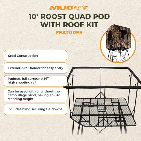 MUDDY Roost Quad Pod 10' Steel Hunting Stand with 57" x 57" Platform, Ladder Access, 2 Flex-Tek Seats, and Camo Blind, 500 Lb Weight Rating in Saudi Arabia