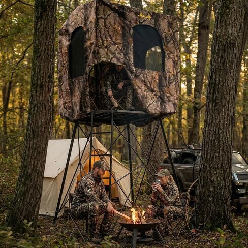MUDDY Roost Quad Pod 10' Steel Hunting Stand with 57" x 57" Platform, Ladder Access, 2 Flex-Tek Seats, and Camo Blind, 500 Lb Weight Rating in Saudi Arabia