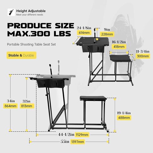 HECASA Portable Shooting Table Seat Set, Height Adjustable Gun Rest and Ammo Pockets for Outdoor Range Hunting in Saudi Arabia