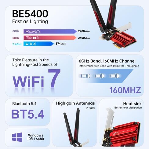 بطاقة BE5400 WiFi 7 PCIe WiFi - محول شبكة ثلاثي النطاق بسرعة 6 جيجا هرتز و160 ميجا هرتز مع بلوتوث 5.4، محول WiFi شريحة MT7925 لألعاب الكمبيوتر المكتبي والواقع الافتراضي، Windows 11/10 64 بت in Kuwait