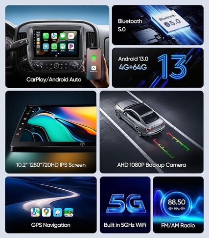 ستيريو راديو السيارة 10.2 بوصة لسيارة Chevy Silverado وGMC Sierra 2014-2018، شاشة لمس Android 13 مع CarPlay، Android Auto، 4+64G، نظام ملاحة GPS، كاميرا احتياطية 1080P، بلوتوث، WiFi، SWC، FM، AM in Kuwait