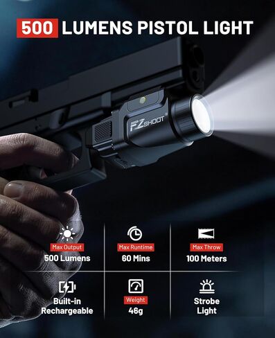 EZshoot 500 Lumens Pistol Light, Rechargeable Gun Light with Strobe Mode, Lightweight Handgun Lights Compatible with GL and Picatinny Rail, Picatinny Flashlight for Home Defense and Hunting in Saudi Arabia