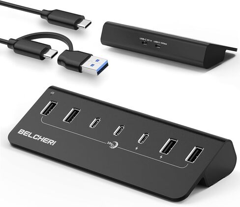 موزع USB يعمل بـ 7 منافذ، مقسم USB للبيانات عالي السرعة 10 جيجابت في الثانية (4 منافذ USB-A و3 منافذ USB-C)، محور ألومنيوم مع محول 5 فولت/3 أمبير، لأجهزة الكمبيوتر المحمول، ماك بوك، آيفون 16/15 in Kuwait