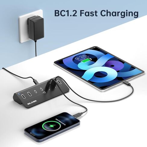 موزع USB يعمل بـ 7 منافذ، مقسم USB للبيانات عالي السرعة 10 جيجابت في الثانية (4 منافذ USB-A و3 منافذ USB-C)، محور ألومنيوم مع محول 5 فولت/3 أمبير، لأجهزة الكمبيوتر المحمول، ماك بوك، آيفون 16/15 in Kuwait
